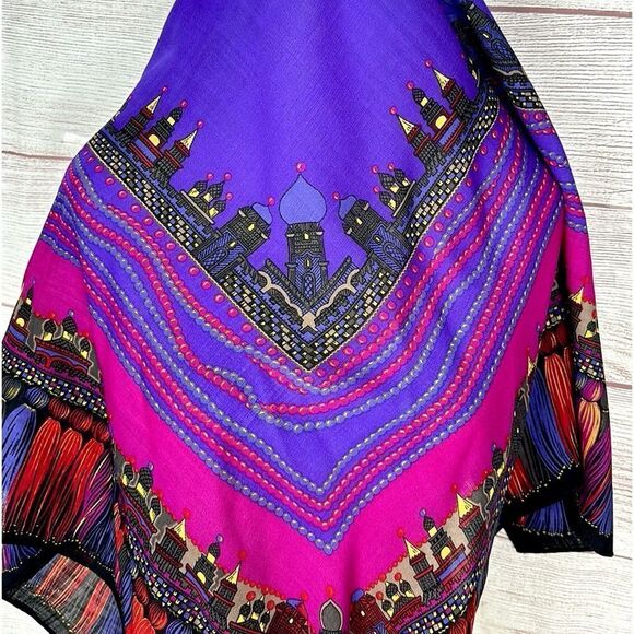 Albert Nipon Wool Square Scarf Purple Multicolor Persian Motifs Excellent 38x38 - Picture 14 of 16